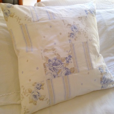 upcycled cushion cover upcycling sheets charity shop shabby chic patchwork vintage DIY sewing china blue floral stripes spots white bedding bedlinen craft